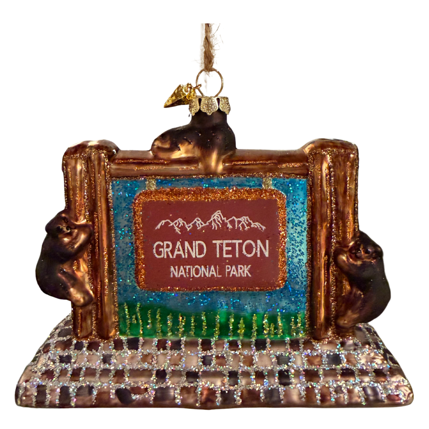 Grand Teton National Park Entrance Sign with Bear Cubs Christmas Ornament
