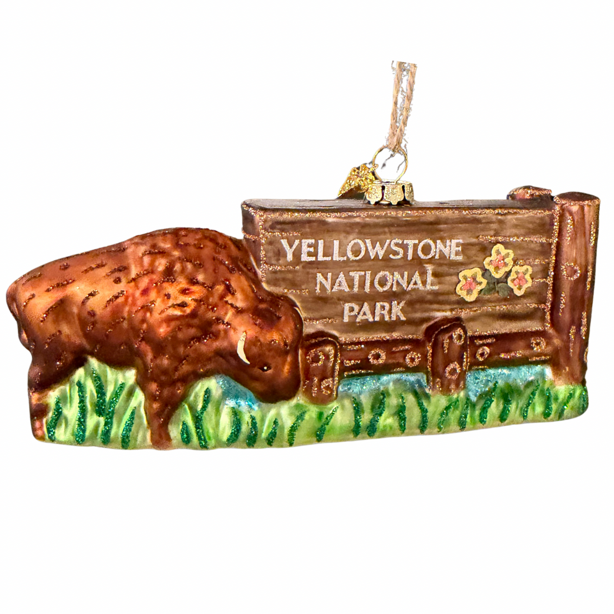 Yellowstone National Park Entrance sign with Bison Christmas ornament 