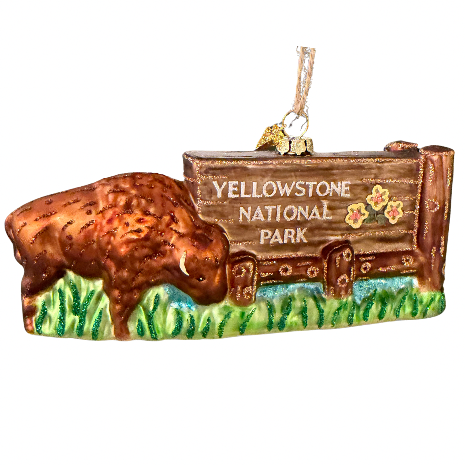 Yellowstone National Park Entrance sign with Bison Christmas ornament 