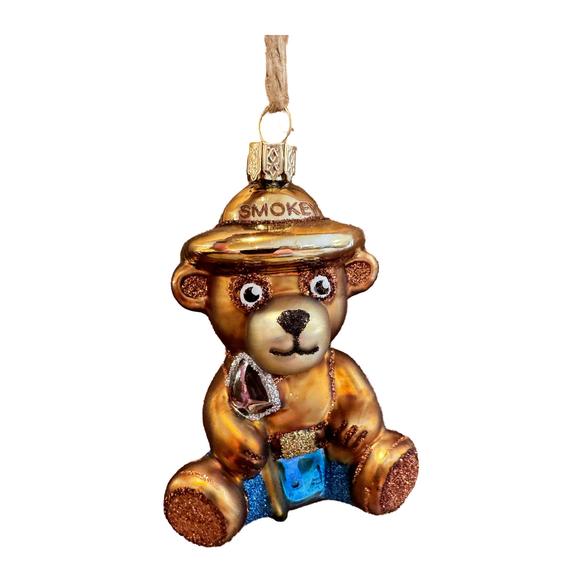 Baby Smokey blown-glass bear ornament on white