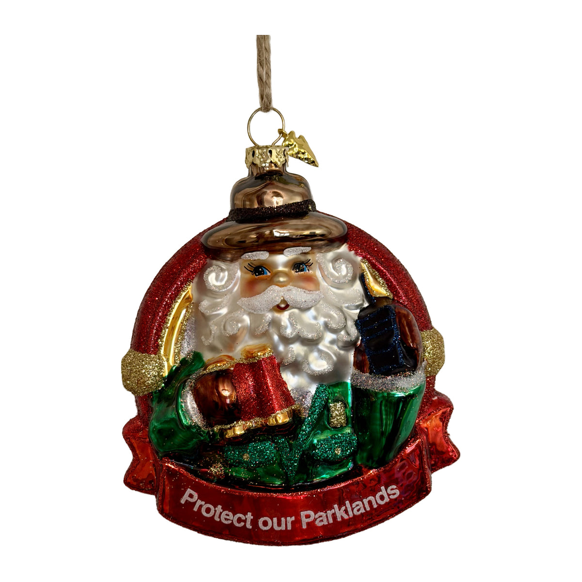 Defend Our Parklands Santa blown-glass ornament on white